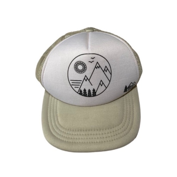 REI Snapback Tan Mountain Logo Unisex Hiking Outdoor Trucker Hat - Picture 3 of 4